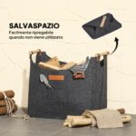 Borsa in Feltro Portalegna da Interno con Manici in Legno, Capacità 15 kg, 45x32x40 cm, Grigio - immagine 5