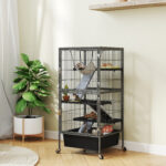 Gabbia per Piccoli Animali a 4 Livelli con Rampe, Piattaforme, Amaca e Ruote, 52x52x115 cm, Grigio - immagine 2