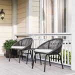 Set da Giardino con 2 Sedie con Cuscino e Tavolino da Caffè in Acciaio e Rattan PE, Nero - immagine 2