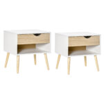 Set di 2 Comodini Moderni con Cassetto e Mensola, Base Rialzata e Gambe in Legno, 50x39x51cm, Bianco e Rovere