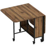Tavolo Pieghevole con 6 Ruote e Mensola Stile Industriale in Legno e Metallo, Marrone Chiaro