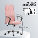 Sedia Ergonomica da Ufficio Girevole, Altezza Regolabile e Schienale a Rete, 63x65x109-119 cm, Rosa - immagine 4