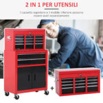 Carrello Porta Attrezzi 2 in 1 con Cassetta Superiore e Armadietto Inferiore, in Metallo, 61,6x33x108 cm, Rosso - immagine 4