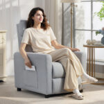 Poltrona Reclinabile 135° max in Tessuto Effetto Lino, Schiuma, Acciaio e Legno, 73x86x1 cm, Grigio Chiaro - immagine 8