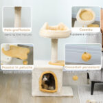Albero Tiragraffi per Gatti con Posatoio e Casetta, in Legno, Peluche e Sisal, 40x30x72 cm, Beige e Giallo - immagine 5