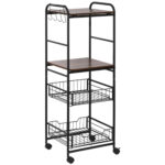 Carrello da Cucina con 2 Cesti estraibili in Metallo, 2 ripiani in Legno Truciolato e Ganci laterali, 40x38x111cm