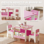 Set Tavolo con 2 Sedie per Bambini 3-8 Anni, Tavolino con Scaffale in Legno MDF con Disegni a Cuori, Rosa - immagine 7