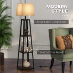 Lampada da Terra in Metallo e MDF a 3 Ripiani con Paralume in Tessuto, Ø42x166 cm, Nero e Beige - immagine 4