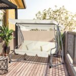 Dondolo Letto da Giardino 3 Posti con Tetto Regolabile e 2 Portabicchieri, 2x120x164 cm, Crema - immagine 2