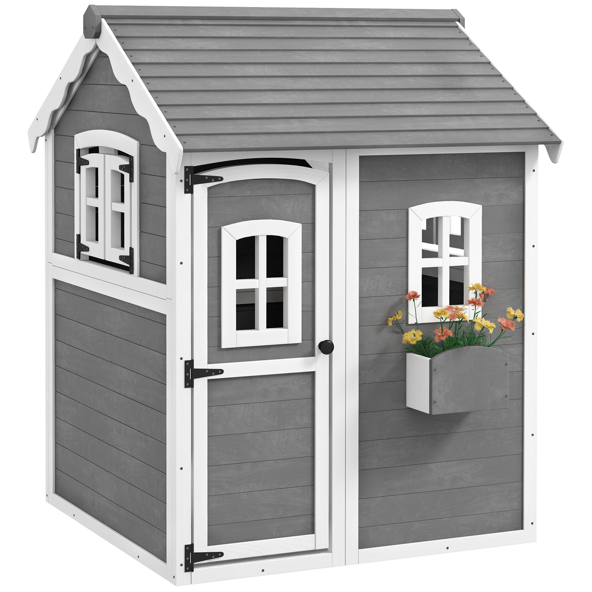 SUG54019496427892.jpg Casetta per Bambini 3-8 Anni con 6 Finestre e Fioriera, in Legno di Abete, 104,5x110x137 cm, Grigia - immagine 1