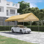 Tendone da Giardino ad Altezza Regolabile in Acciaio e PE per Auto Piccole e Medie, 6x295x265-310 cm, Beige - immagine 2