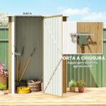 Capanno Porta Attrezzi in Metallo con Tetto Inclinato e Porta Bloccabile, 142x86x189 cm, color Legno - immagine 5
