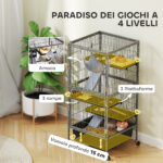 Gabbia per Piccoli Animali a 4 Livelli con Rampe, Piattaforme, Amaca e Ruote, 52x52x115 cm, Grigio - immagine 5