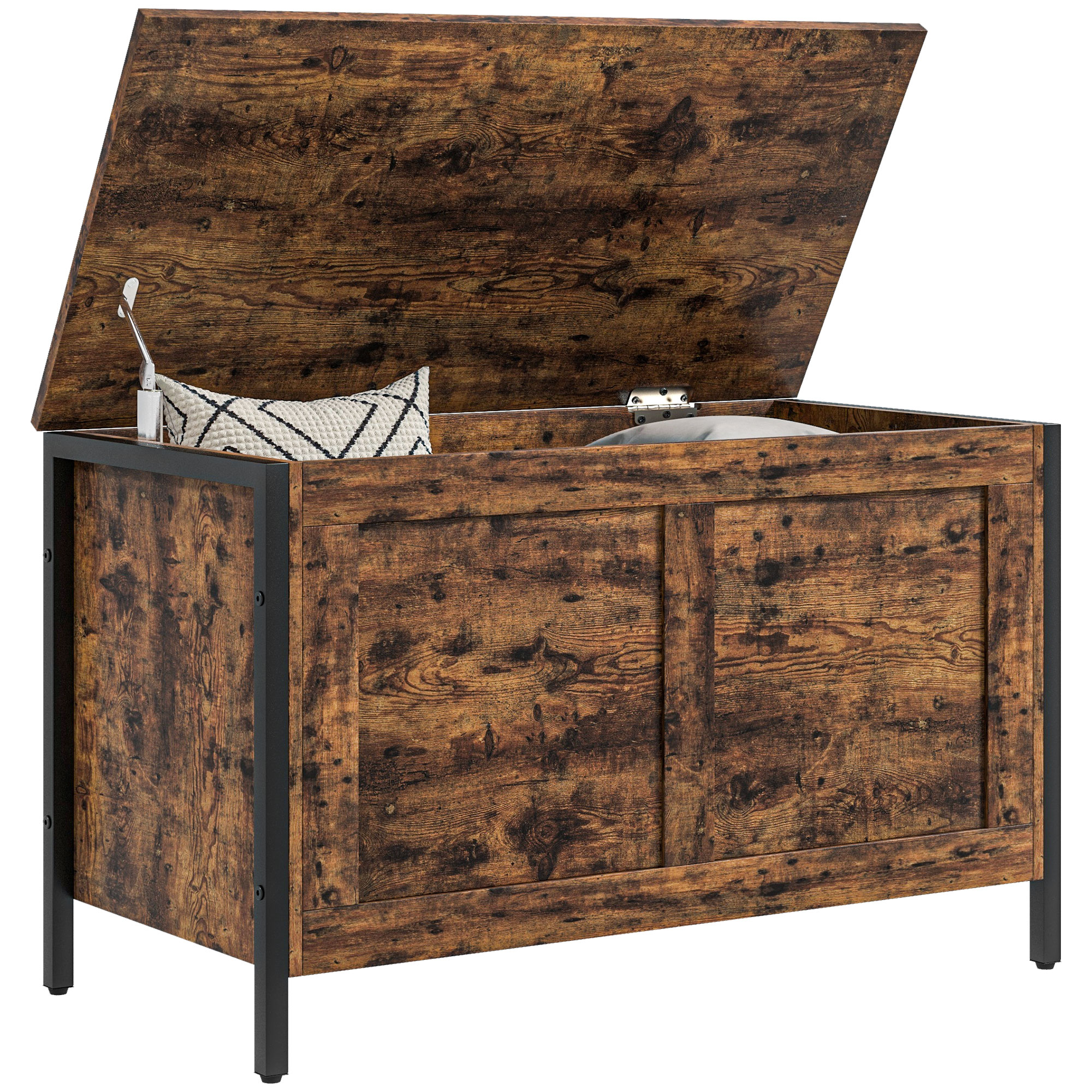 Sz8f751973588fe4a.jpg Cassapanca in Legno da 95L Stile Industriale con Coperchio e Cerniera di Sicurezza, 80x40x49cm, Marrone - immagine 1