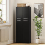 Mobile Contenitore Minimal con 2 Armadietti e Mensole Regolabili, in Legno Nero, 59x31x155 cm - immagine 8