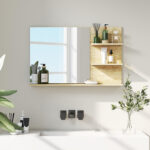 Specchio Bagno Moderno con 2 Ripiani Laterali e Ripiano Inferiore, in Legno e Vetro, 75x10x48 cm, Color Legno - immagine 8