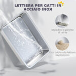 Lettiera per Gatti Chiusa con Tappetino Raccogli-sabbia, in Acciaio Inox, ABS e PP, 60,5x40,5x42 cm, Bianca e Argento - immagine 6