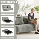 Divano Letto Matrimoniale con Schienale Regolabile e 2 Cuscini, in Tessuto Effetto Lino Grigio - immagine 4