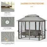 Dondolo da Giardino 3 Posti Lettino e Gazebo Design 3 in 1 con Tettuccio, 256x172x248 cm, Grigio Scuro - immagine 6