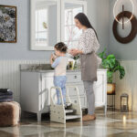 Sgabello per Bambini 2-5 Anni a 3 Gradini in HDPE, 43x42x65,5 cm, Grigio e Bianco Crema - immagine 2