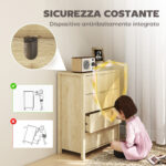 Cassettiera con 4 Cassetti Scanalati e Maniglie Dorate, 70x38x93 cm, Legno Naturale - immagine 5