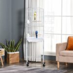 Gabbia per Uccelli, Voliera in Metallo e Acciaio con Ruote, Trespoli e Ciotole, 46,5x36x157cm, Bianco - immagine 8