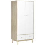 Armadio 2 Ante in Legno con 4 Vani, 2 Cassetti e Appendiabiti, Color Legno e Bianco, 90x50x190cm
