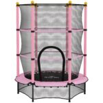 Tappeto Elastico per Bambini con Rete di Sicurezza e Pali Imbottiti Età 3-10 Anni, Ø140 x 190 cm, Rosa