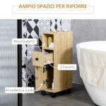 Armadietto da Bagno a Colonna, Mobile Bagno con 4 Ruote, 1 Cassetto 1 Armadietto con Anta 2 Armadietti Aperti, Color Rovere, 18x30x68,5 cm - immagine 4