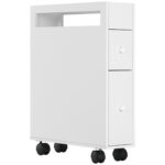 Mobiletto Salvaspazio Bagno con 4 Ruote, 2 Cassetti e Ripiano aperto, 16x49,5x66cm, Bianco