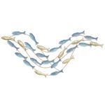 Wall Art Banco di Pesci in Metallo con Viti Incluse, 99,7x3,8x50,2 cm, Oro e Blu