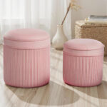 Set 2 Pouf Poggiapiedi Rotondi Impilabili e Imbottiti con Rivestimento in Velluto, Contenitore da 34,8L, Rosa - immagine 2