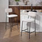 Set 2 Sgabelli da Bar con Schienale Alto, Poggiapiedi e Rivestimento in Ciniglia, Crema - immagine 2