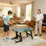 Tavolo da Gioco 6 in 1 con Calcio Balilla, Biliardo, Air Hockey, Ping Pong, Anelli e Hockey su Prato, 118x104x71 cm - immagine 9