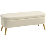 Panca Contenitore da 65L in Tessuto Teddy e Gambe in Legno, 120x42x45 cm, Beige