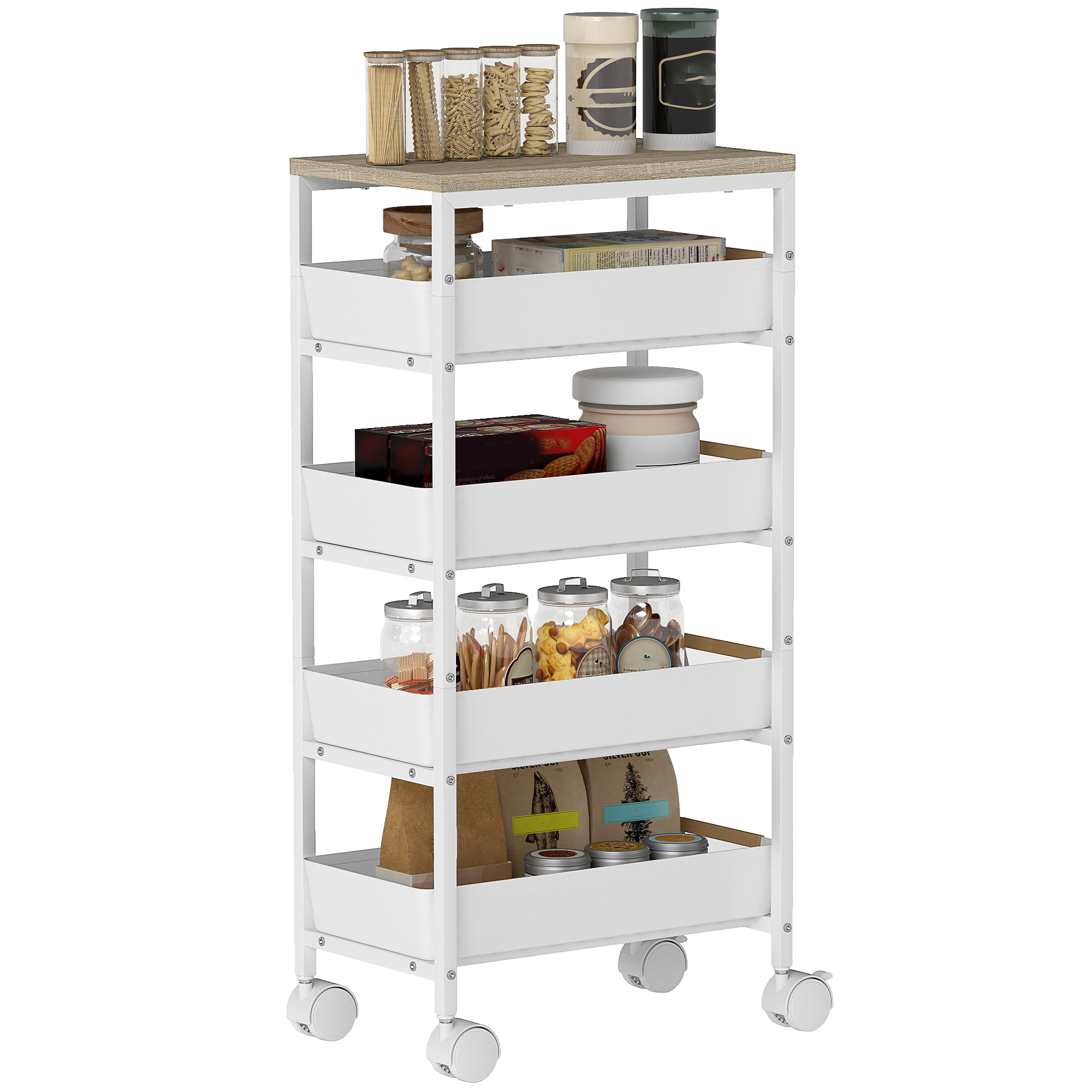 VAr50a196d8e10d2c.jpg Carrello da Cucina a 5 Livelli con 4 Cesti Estraibili, in Metallo, PP e Legno, 39,5x24x82 cm, Bianco e Rovere - immagine 1