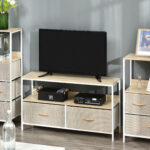 Mobile Porta TV da 47" con Cassetti Pieghevoli in Tessuto e Mensola in Metallo e MDF, 98x29x56cm, Colore Legno - immagine 2