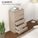 Cassettiera 5 Cassetti in Legno con Guide in Metallo e Maniglie Scanalate, 60x39x1 cm, color Faggio - immagine 5