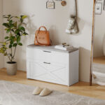 Panca Scarpiera con Cassetto Ribaltabile e Contenitore, Capacità 8 Paia di Scarpe, 80x30x55 cm, Bianco - immagine 9