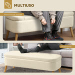 Panca Contenitore da 65L in Tessuto Teddy e Gambe in Legno, 120x42x45 cm, Beige - immagine 6