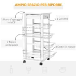 Carrello da Cucina Salvaspazio in Legno Bianco, Portavivande con 1 Piano di Lavoro 1 Cassetto e 4 Cestelli Metallici, 47x37x83cm - immagine 12