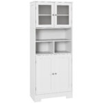 Credenza Cucina con 2 Armadietti e 3 Vani Aperti, Ante a Vetro e Ripiani Regolabili, 60x30x145,5 cm, Bianco