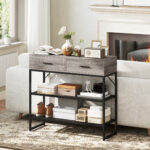 Consolle da Ingresso con 2 Cassetti, 2 Ripiani e Gancio Laterale, in Legno e Metallo, 1x35x92 cm, Nero e Legno - immagine 6