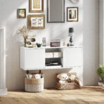 Mobile Porta TV fino a 55" Sospeso o a Terra, Ante Soft Close, Foro Passacavi e Ripiano in Vetro, Bianco - immagine 9