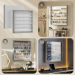 Bacheca Portaoggetti a 5 Ripiani Regolabili in Legno con Ante in Vetro, 80x9,5x83 cm, Bianco e Grigio - immagine 7