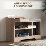 Panca Scarpiera Moderna con 3 Ripiani Aperti e Cassetti, in Legno, Poliestere e Spugna, 76,5x30x52 cm, Grigio - immagine 4