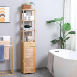 Mobile Bagno Alto in Bambù con 3 Ripiani Aperti, un Cassetto e un Armadietto, 32x30x163 cm, color Legno - immagine 2