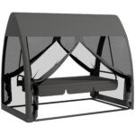 Dondolo da Giardino 2 in 1 Convertibile in Letto con Cuscini e Zanzariera, 240x140x197 cm, Grigio