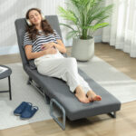 Poltrona Letto 3 in 1 con Schienale Reclinabile su 5 Livelli, in Tessuto Effetto Lino, 73x78x81 cm, Grigio Scuro - immagine 7