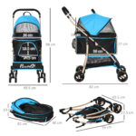 Passeggino per Cani Convertibile con 2 Guinzagli e Cuscino, in Acciaio e Poliestere, 82x49,5x98 cm, Azzurro e Nero - immagine 3